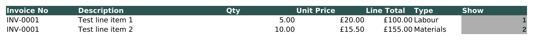 Invoice line items split into labour and materials