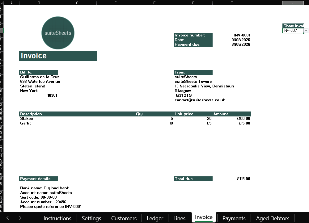 An example invoice created by the suiteSheets free invoice tool