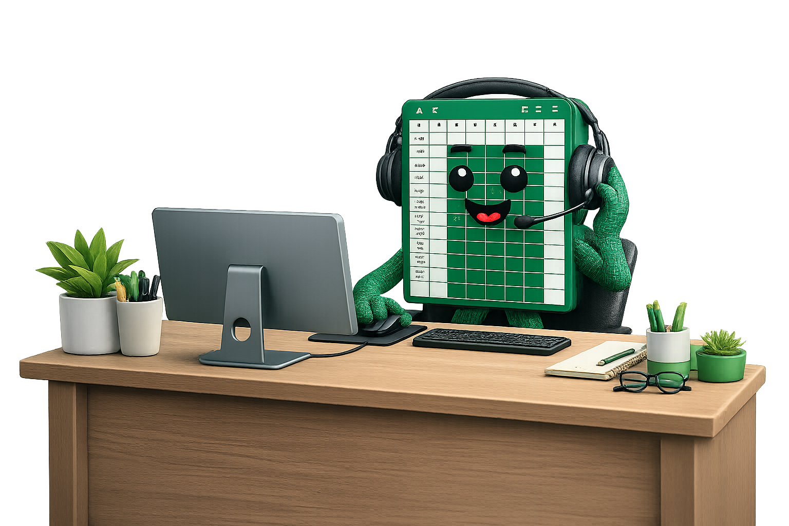 suiteSheets character at a help centre desk