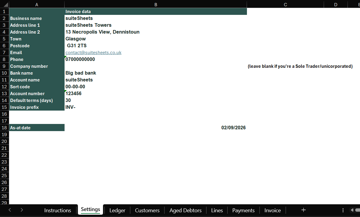 The Settings sheet in the suiteSheets free invoice tool