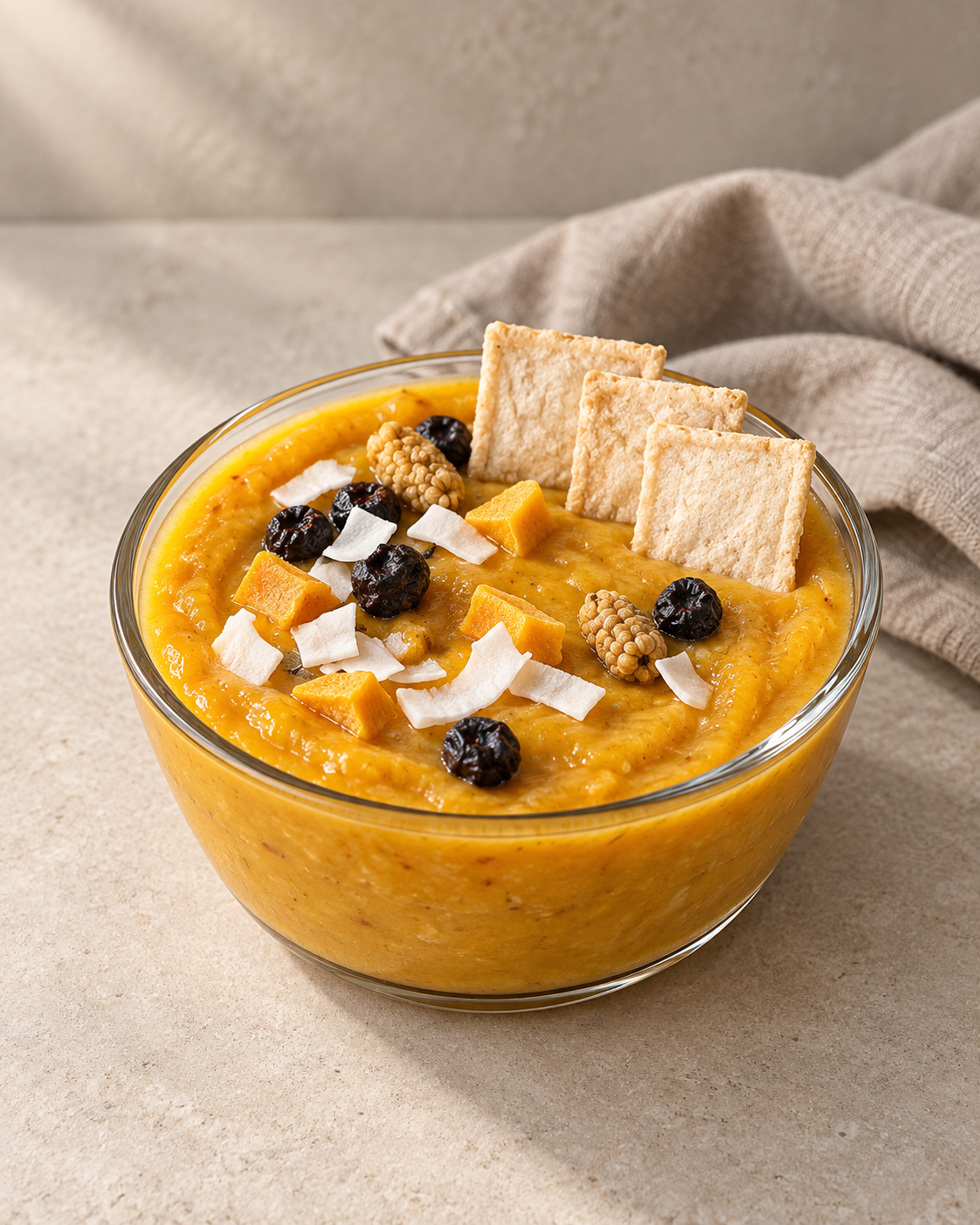 Mango recovery bowl concept with handmade Cassava Crisps, coconut and dried fruit.
