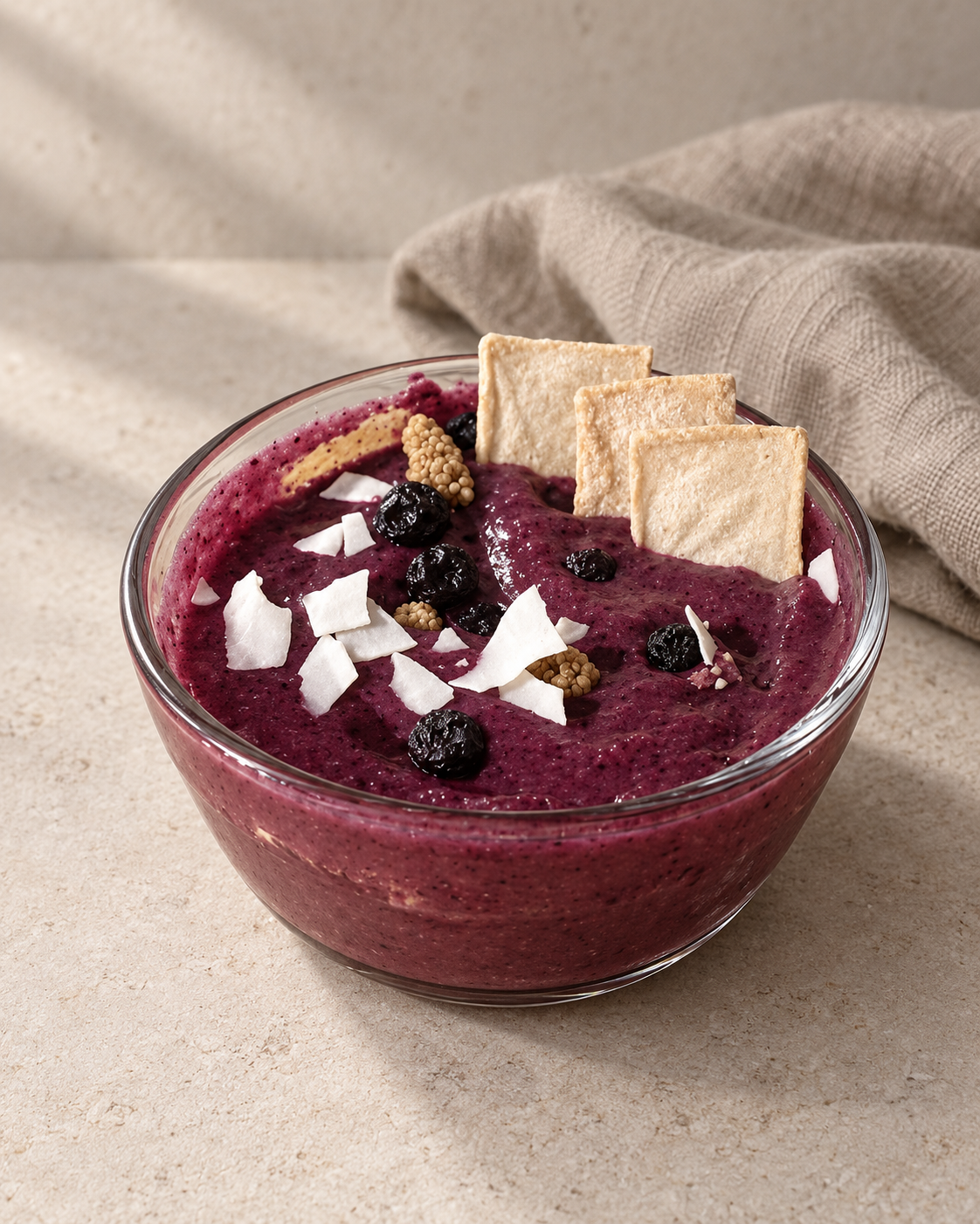 Blueberry recovery bowl with Cassava Crisps, coconut and dried berries.