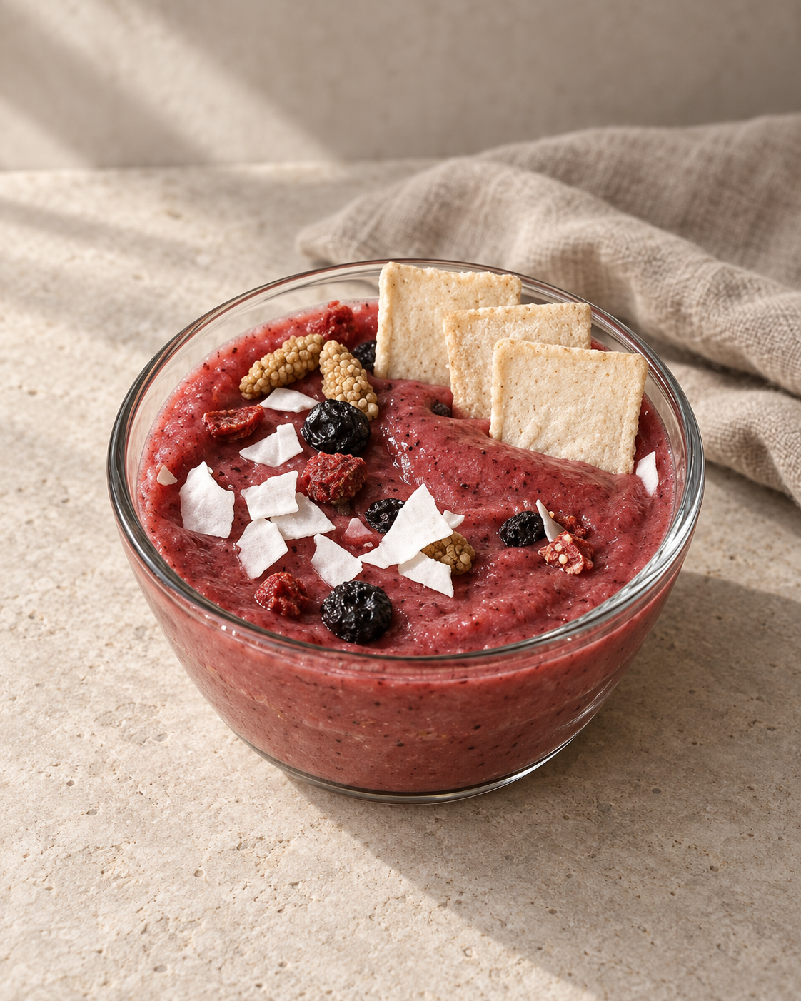 Strawberry recovery bowl concept with handmade Cassava Crisps, coconut and dried fruit.