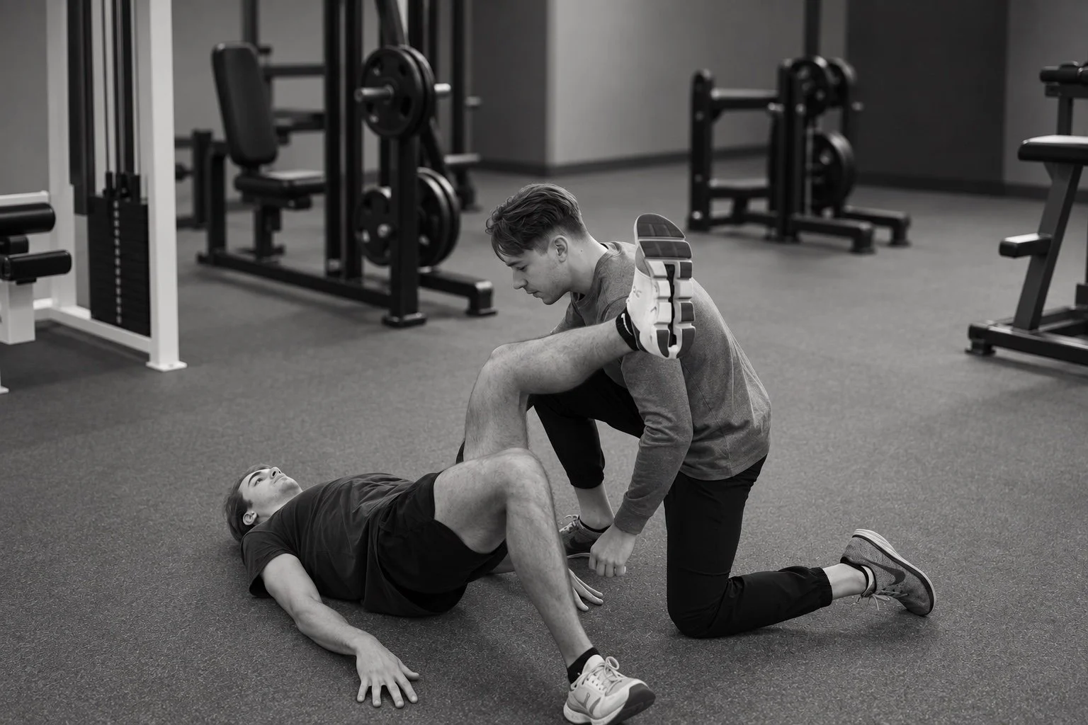 A coach guides a client through a floor mobility exercise in the gym.