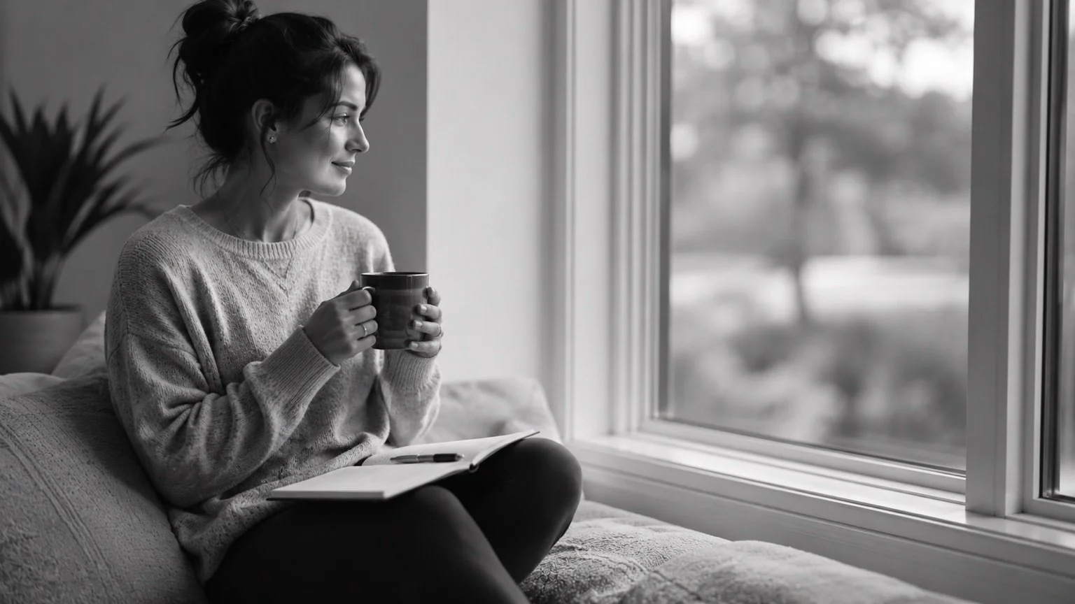 A quiet moment by the window, with a mug and an open notebook.