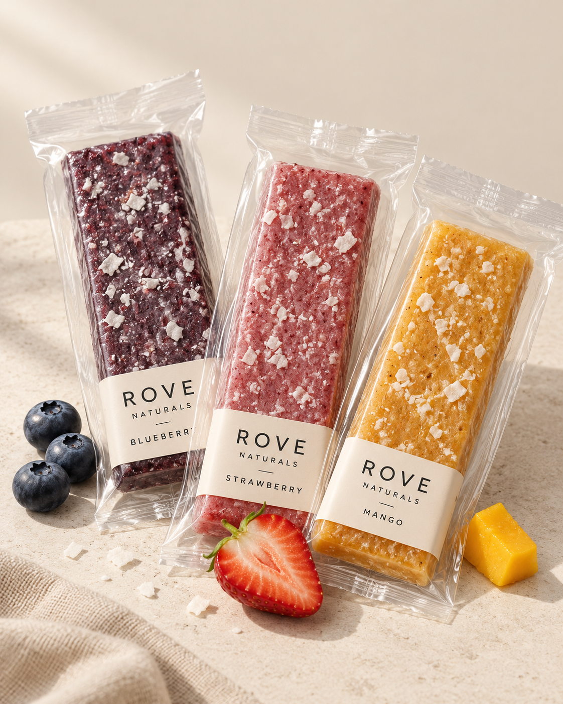 Rove blueberry, strawberry, and mango bar packaging mockups on warm limestone.