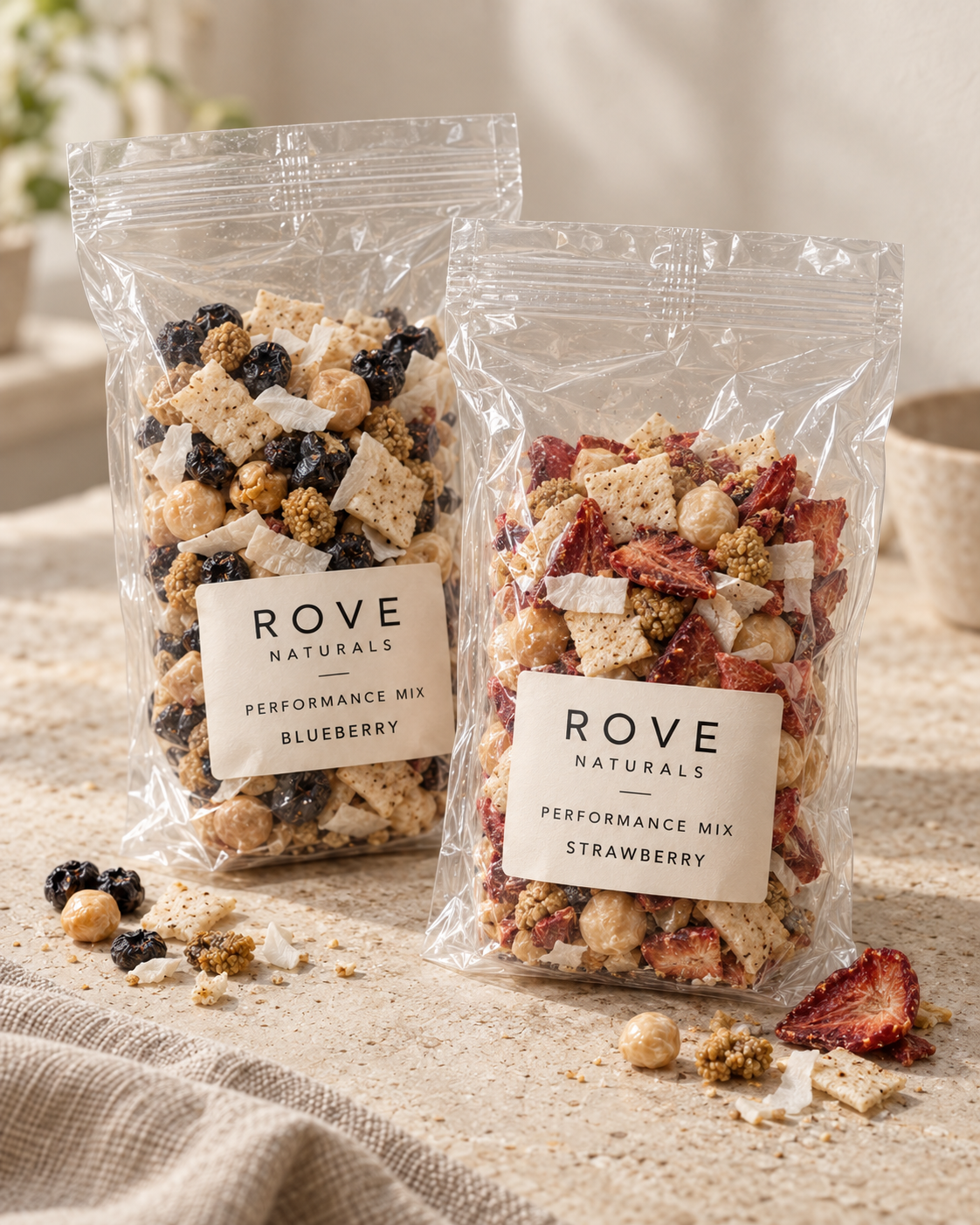 Rove blueberry and strawberry performance mixes with naturally dried fruit in clear pouches.