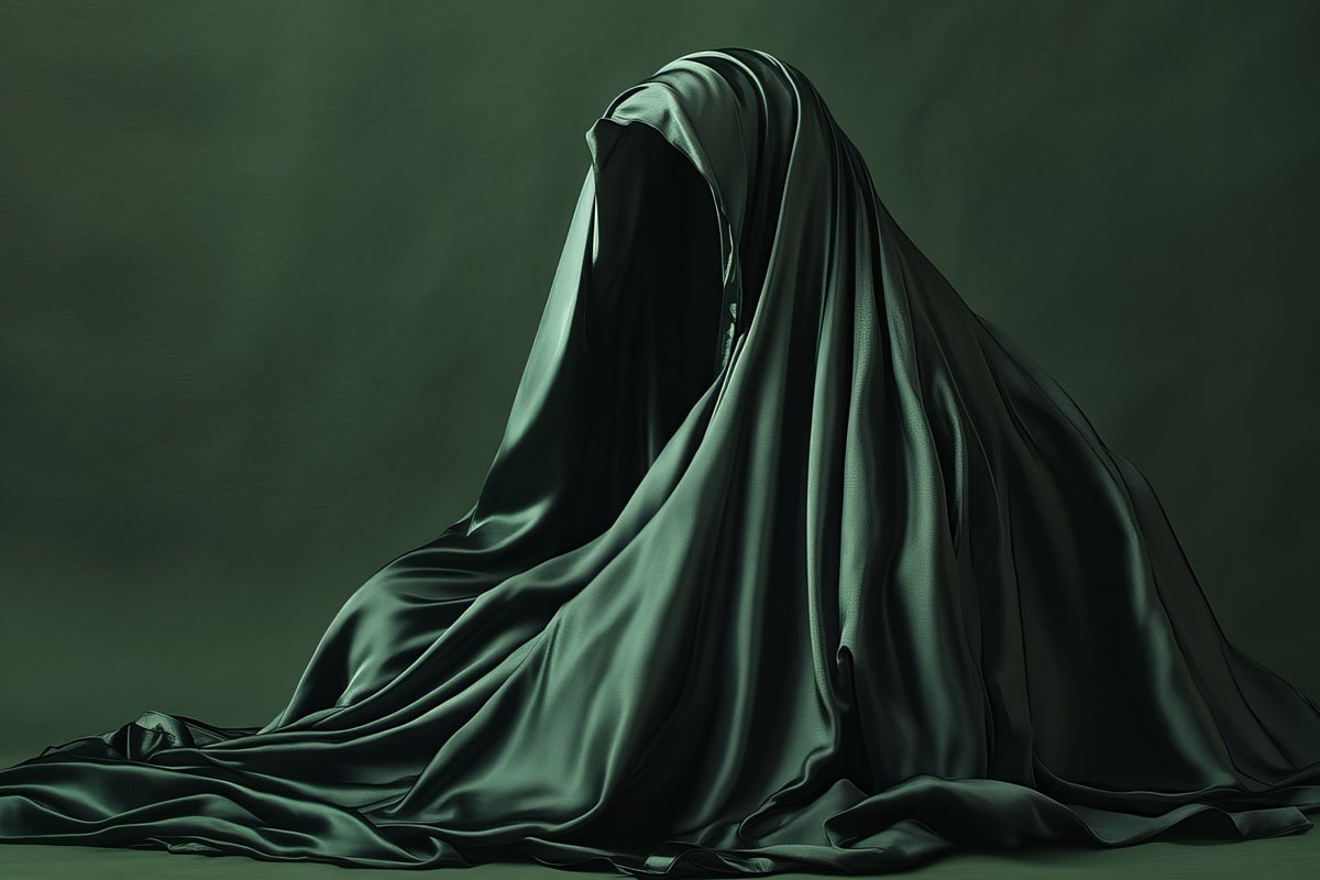 Figure draped in green fabric