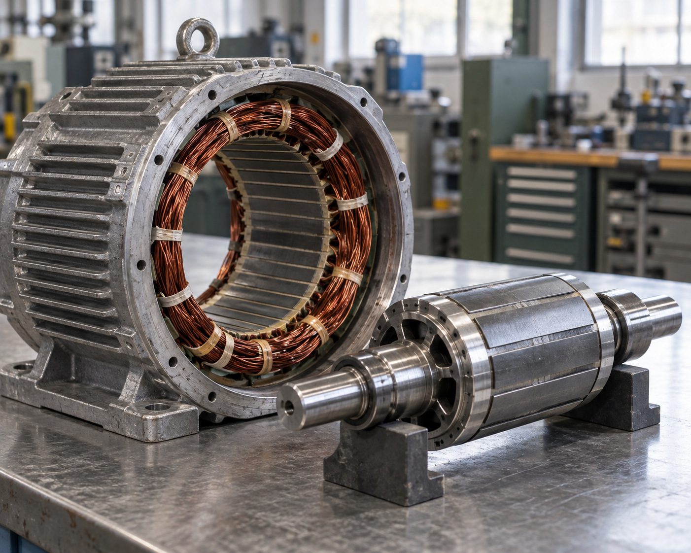 Estator e rotor de motor elétrico em bancada industrial