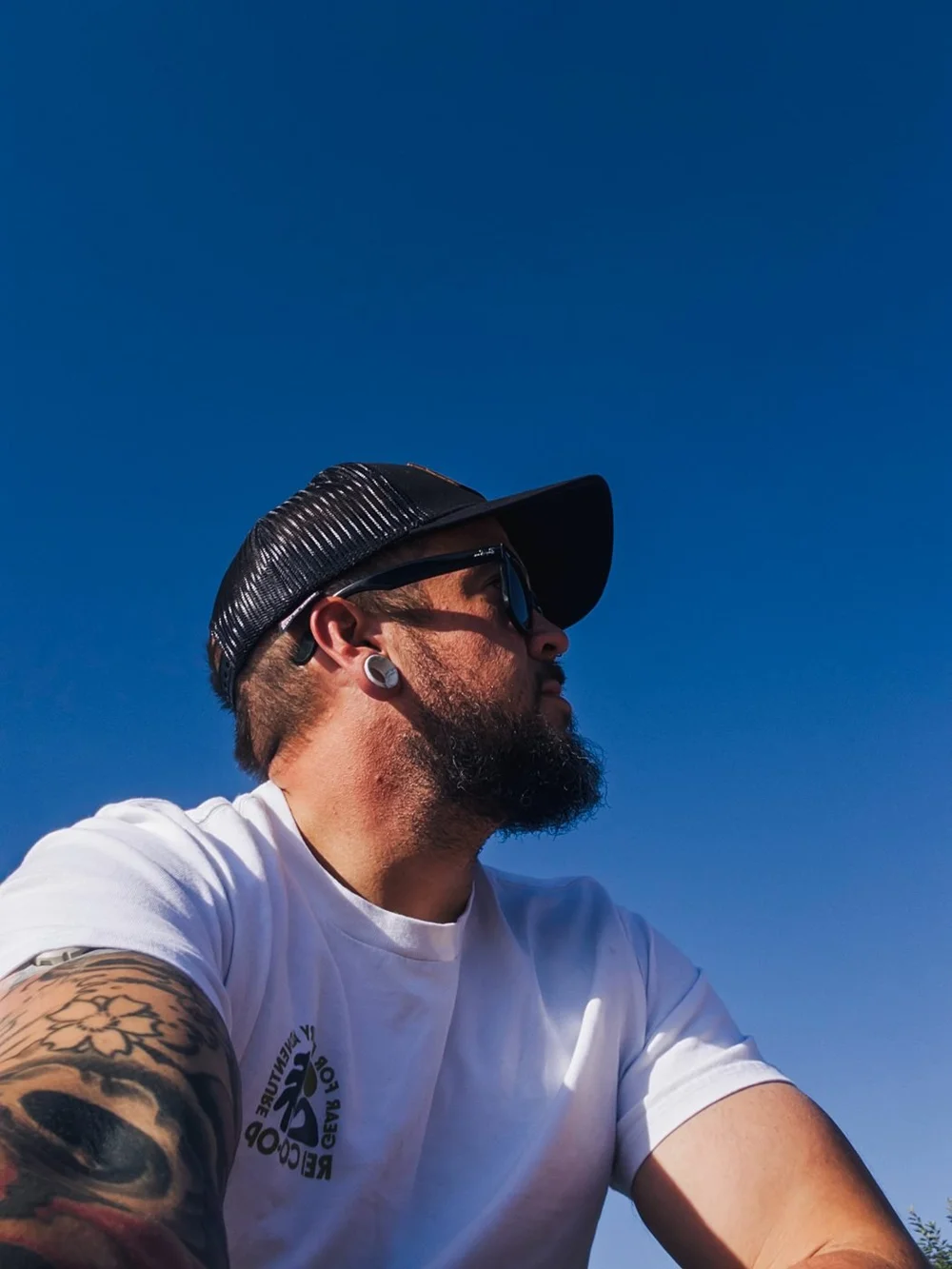 Galen in profile against a deep blue sky