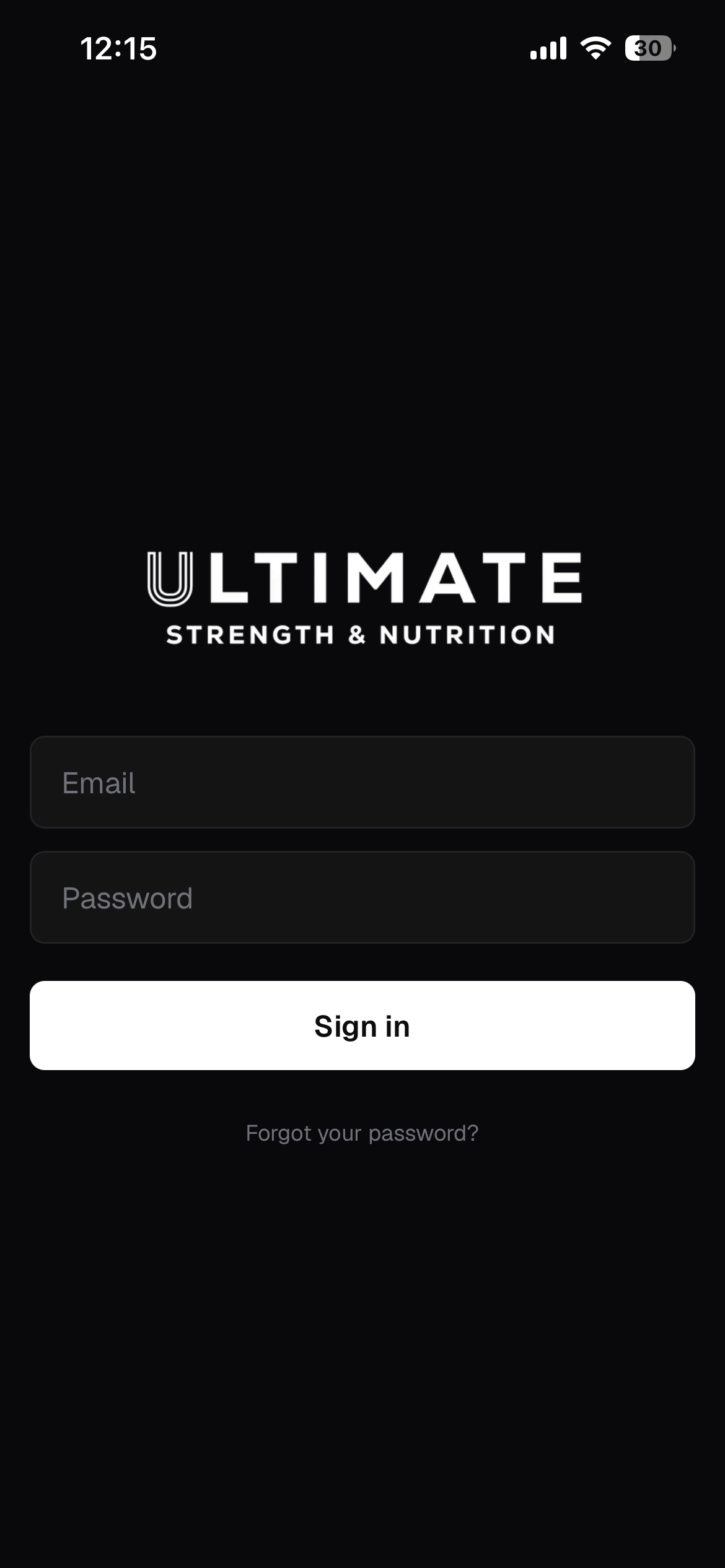 Ultimate Strength & Nutrition App sign-in screen