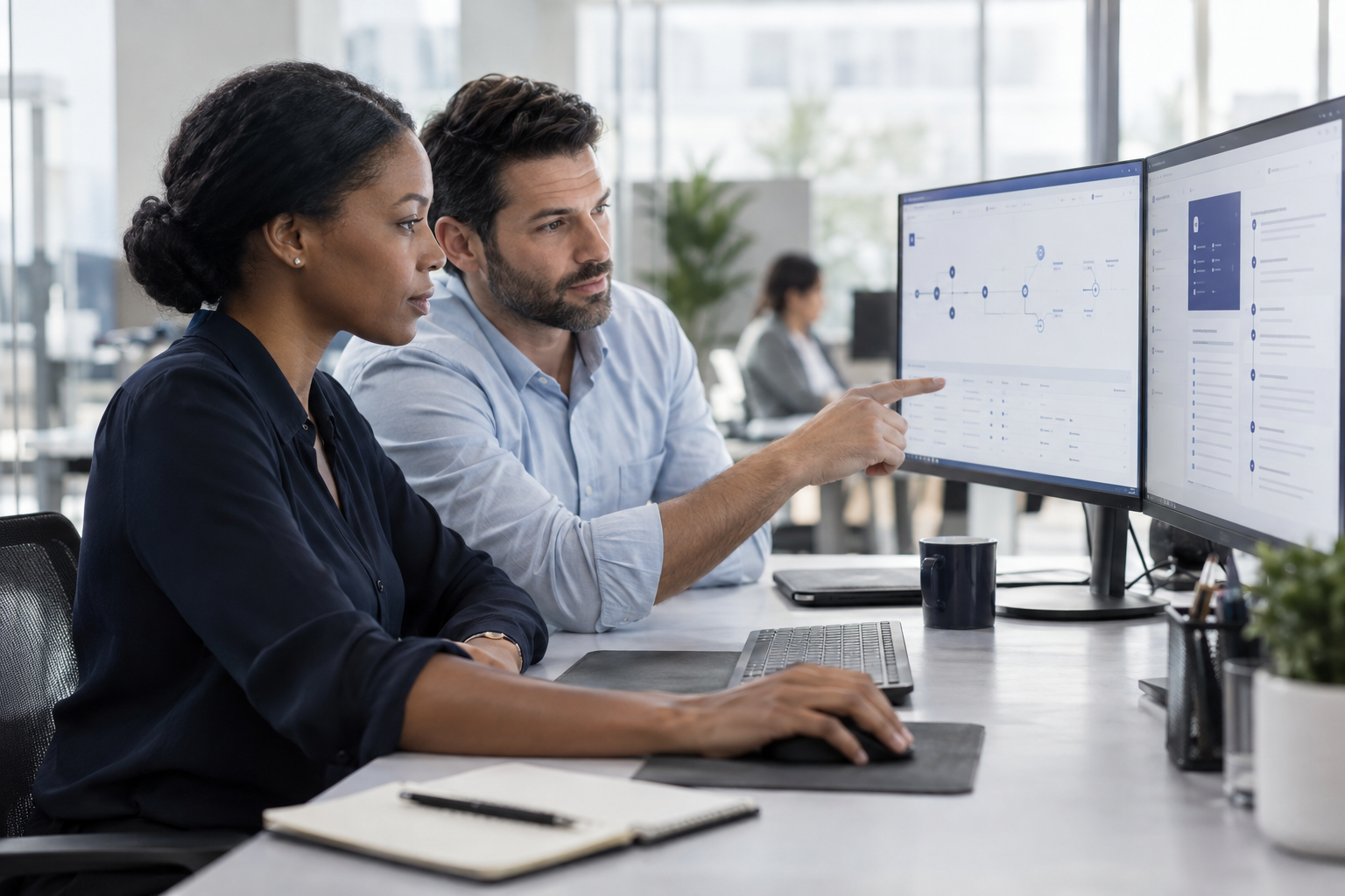 Security professionals reviewing activity across computer displays