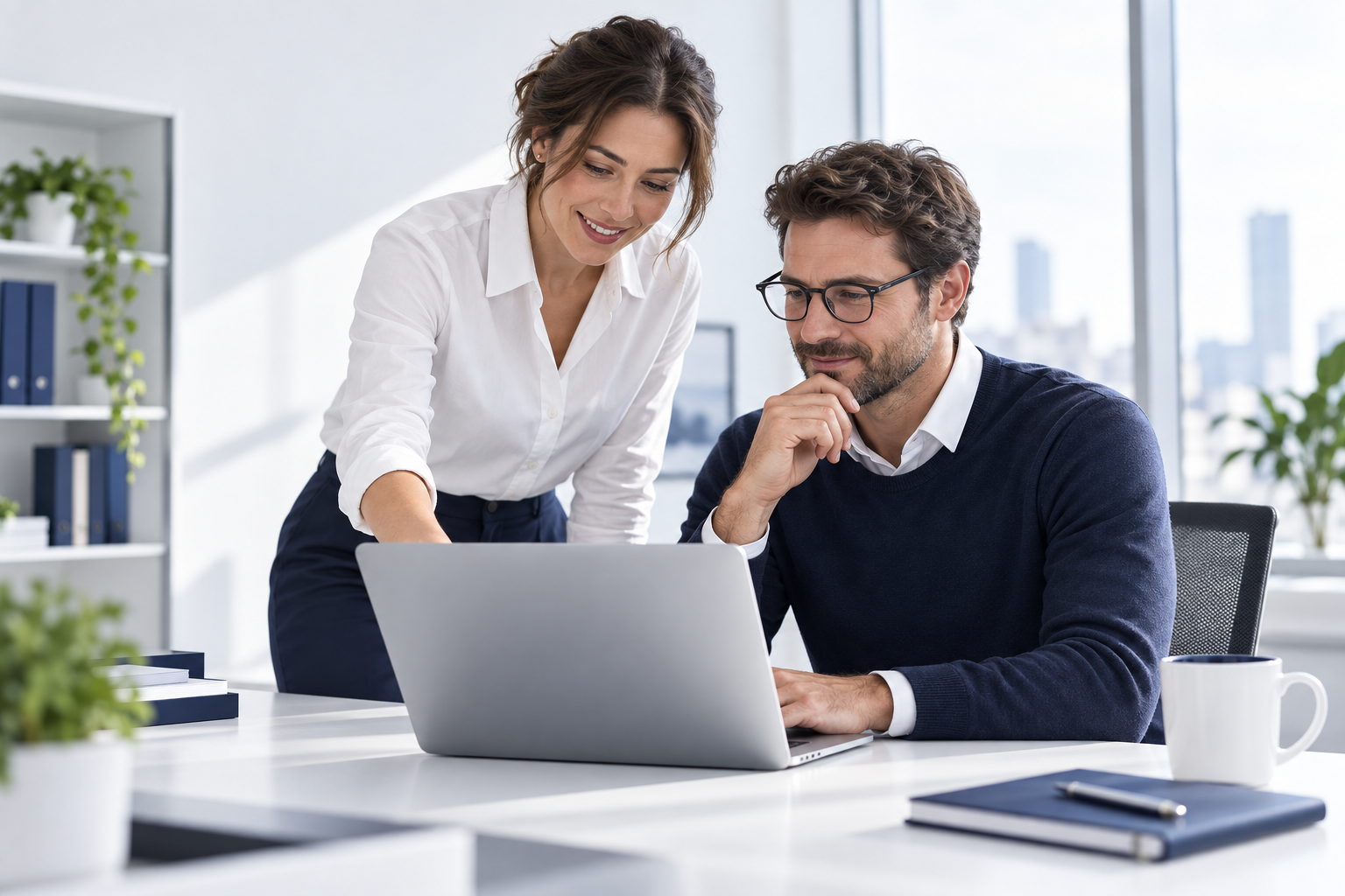 Business professionals reviewing information on a laptop