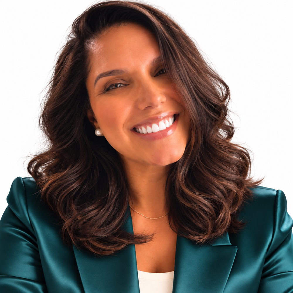 Lissette Soto smiling in a teal satin blazer