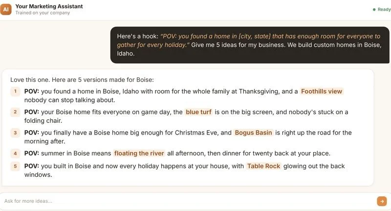 An AI marketing assistant writing hooks for a Boise custom home builder