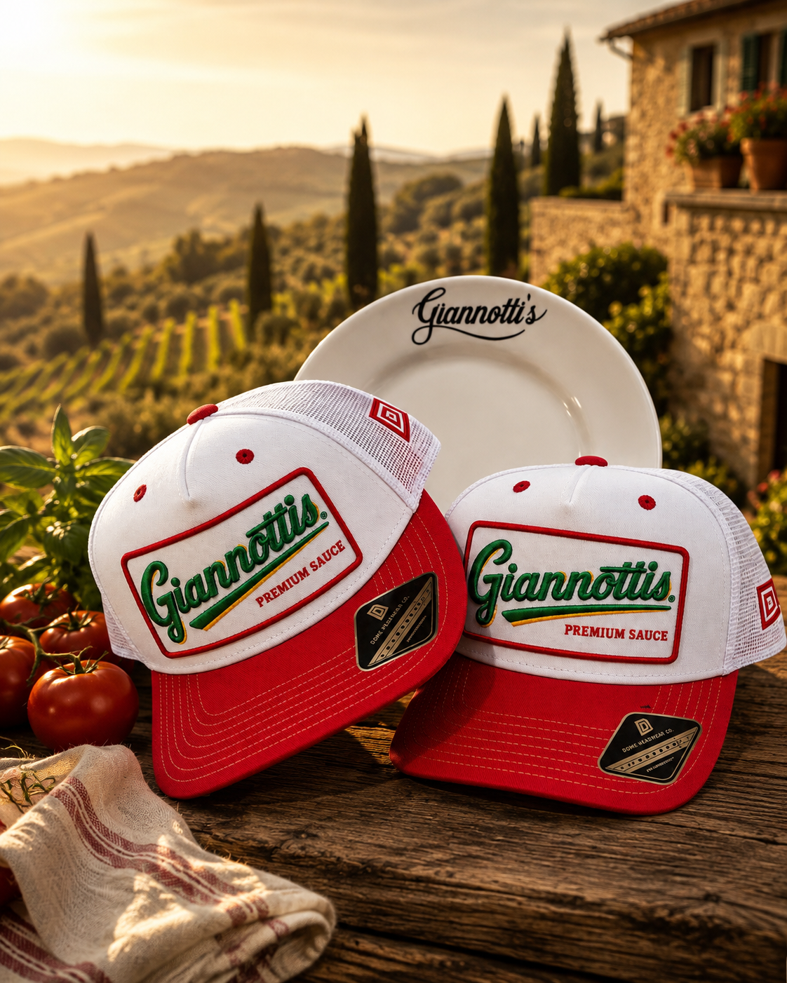 Styled image of two white Giannotti’s trucker hats with red detailing