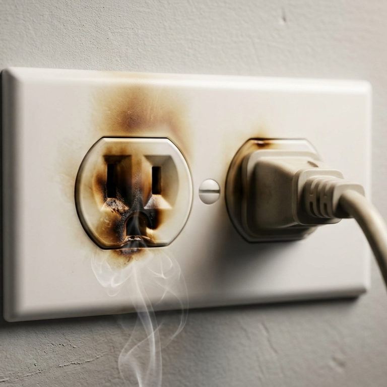 white electrical outlet with black scorch marks on wall