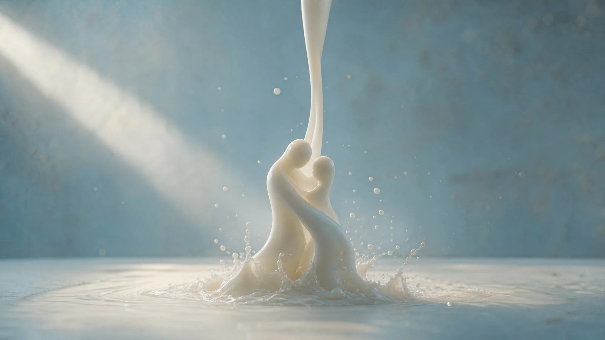 A slow ribbon of milk pouring through morning light, curling into two soft forms that lean toward each other