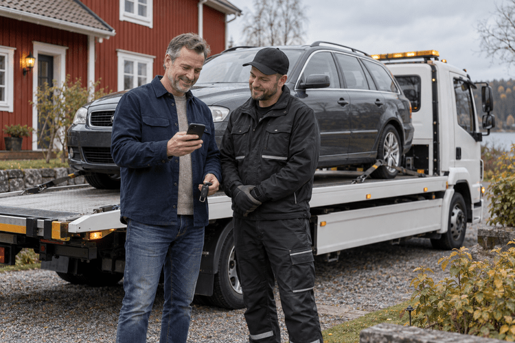 AI-illustration av en bilägare och transportör vid en överenskommen hämtning