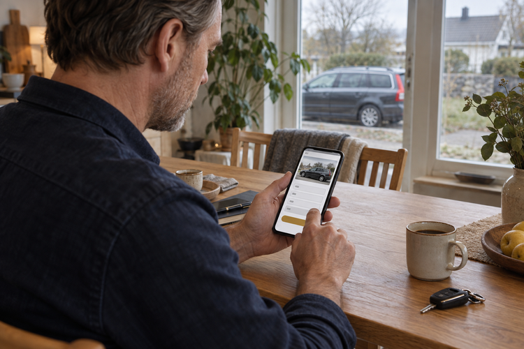 AI-illustration av en bilägare som skickar bilens uppgifter från mobilen