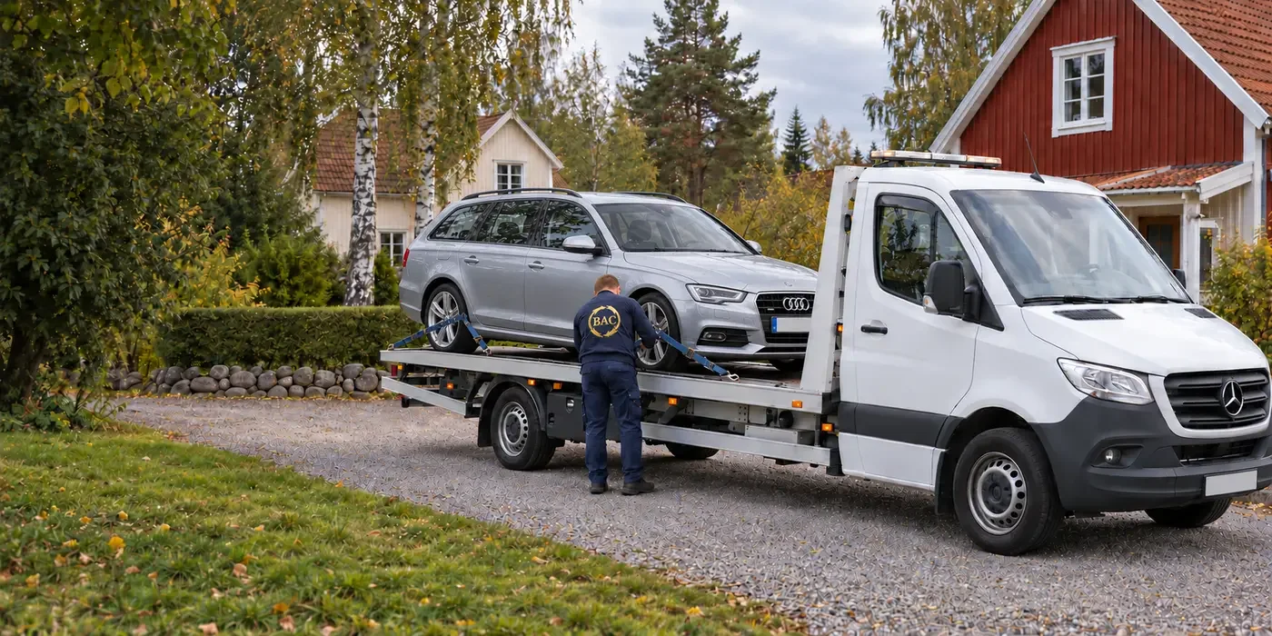Illustration av en vit Mercedes Sprinter med en silverfärgad Audi A4 från 2012 och en person med BAC-logga på tröjan som säkrar bilen på flaket