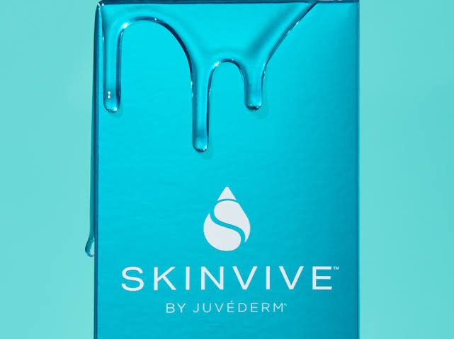 Turquoise SKINVIVE by JUVÉDERM product packaging with clear gel detail