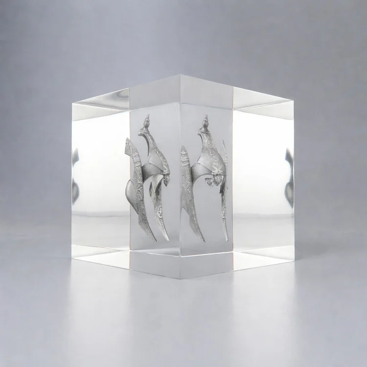 Custom-cast pewter figures embedded in a clear Lucite cube