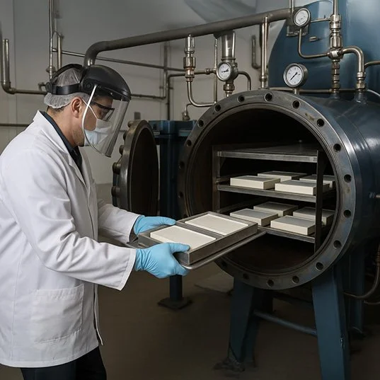 Workshop technician loading flat components into an autoclave
