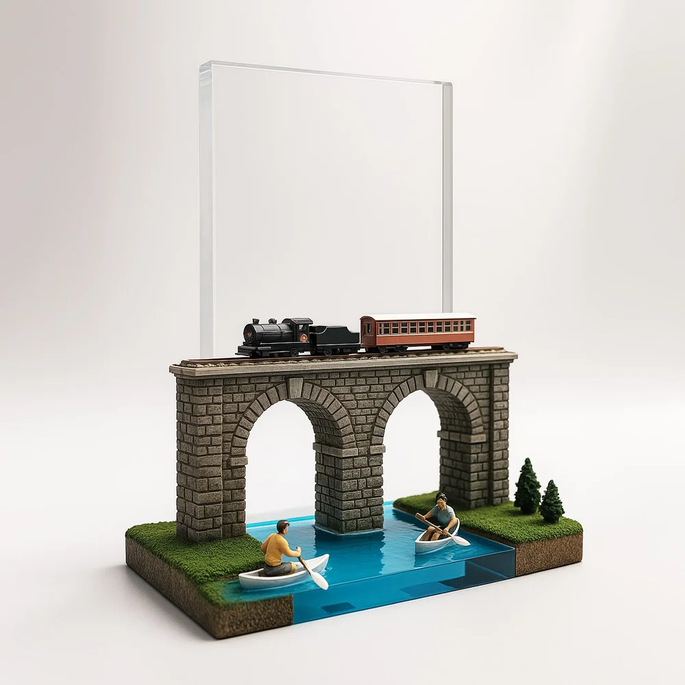 Miniature railway viaduct with a train, landscape and clear upright panel