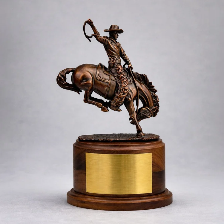 Bronze-colored rider and bucking horse sculpture on a commemorative base