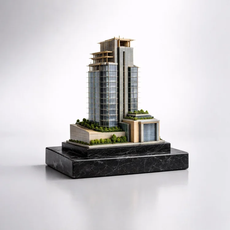 Finished architectural building model with gold details on a dark base