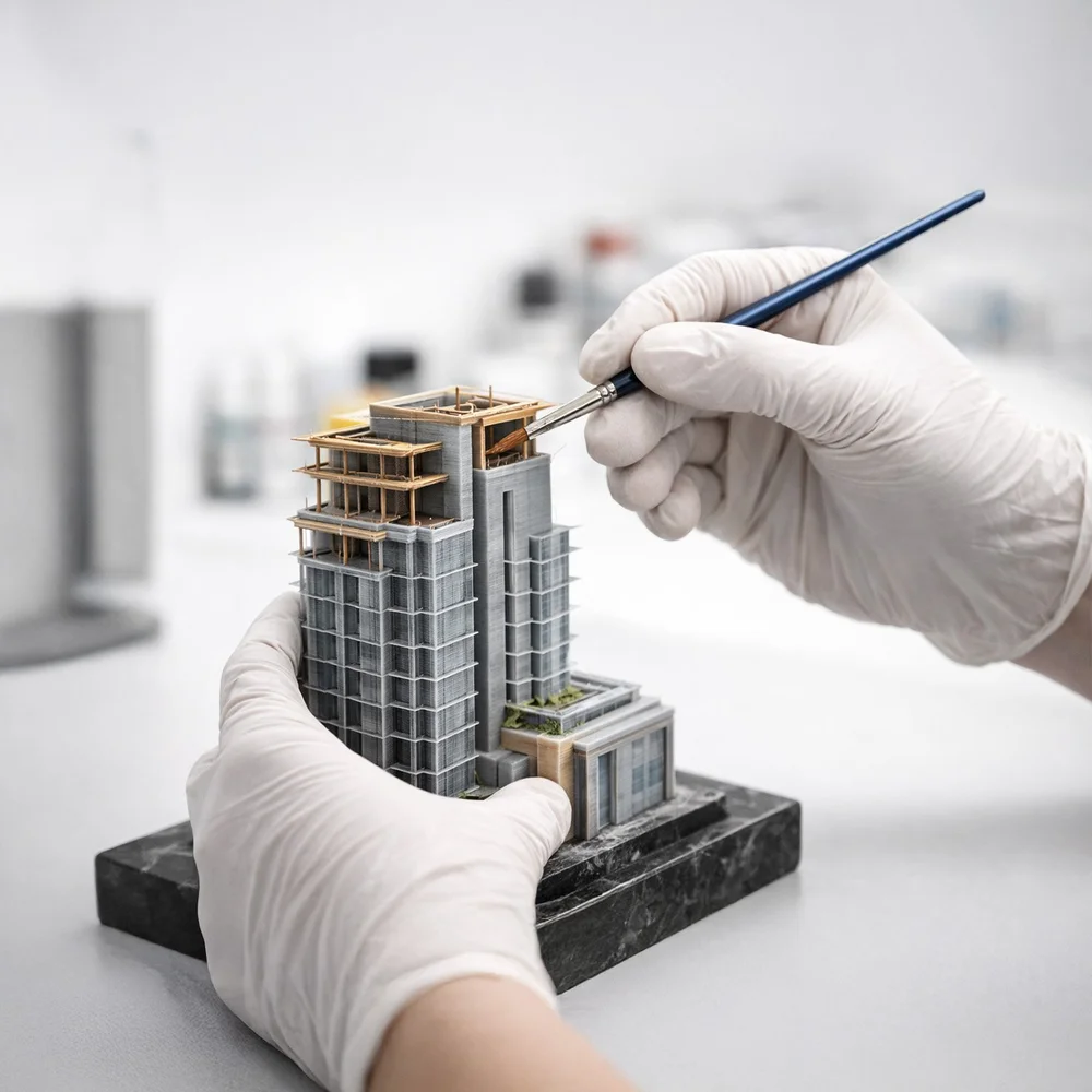 Gloved hands painting fine gold details on an architectural model