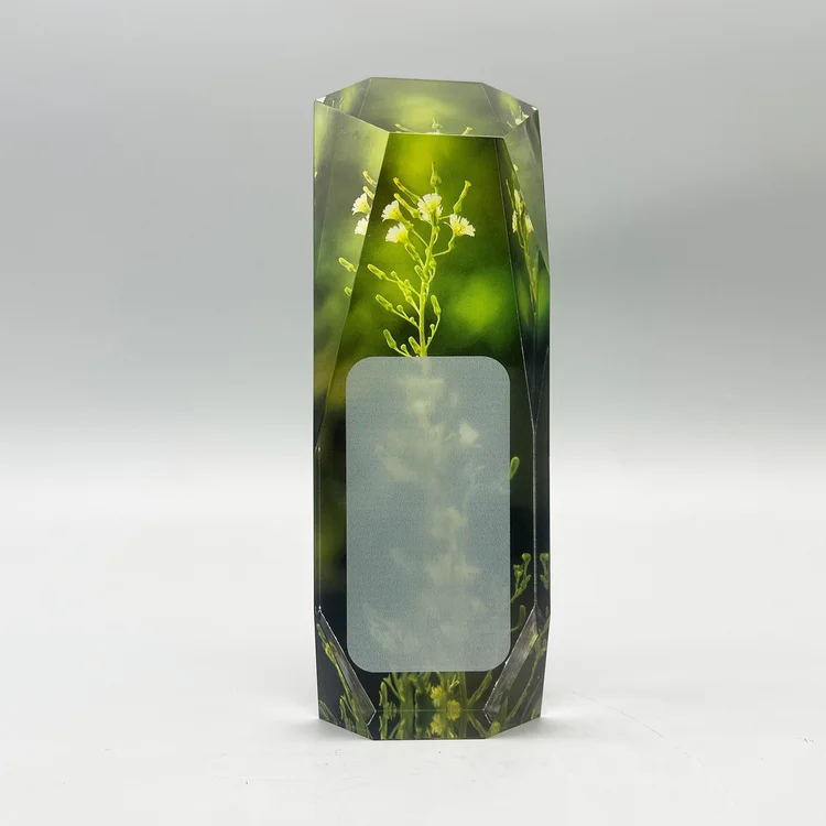 Botanical elements embedded in a green-tinted Lucite award