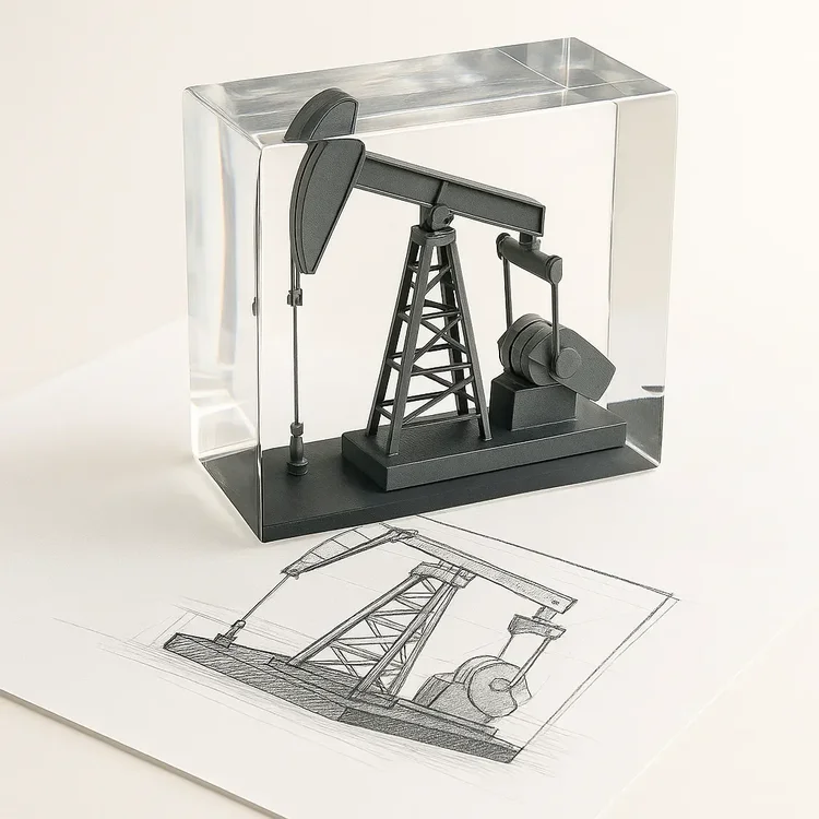 Oil pumpjack miniature in a clear cube beside a design drawing