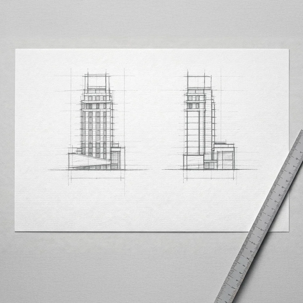 Architectural elevation drawings used to develop a building model