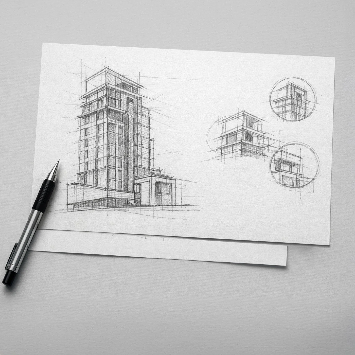 Architectural concept sketches exploring the building silhouette and details