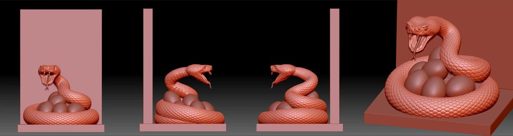 Three digital sculpting views of a coiled viper model before production