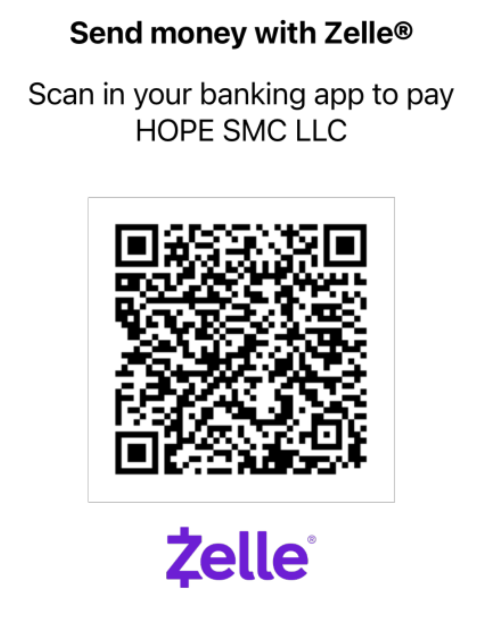 Zelle QR Code for Women of Hope Sponsorship Payment