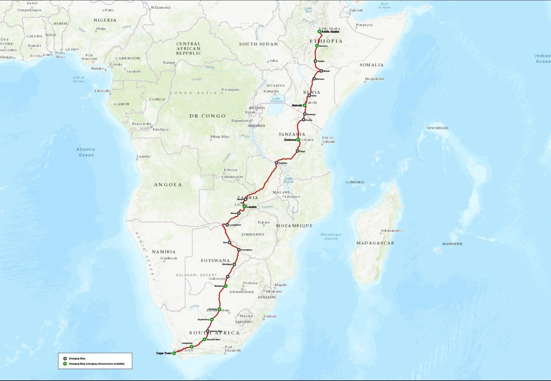 Indicative Road to COP32 map from Cape Town through Botswana, Zambia, Tanzania and Kenya to Addis Ababa