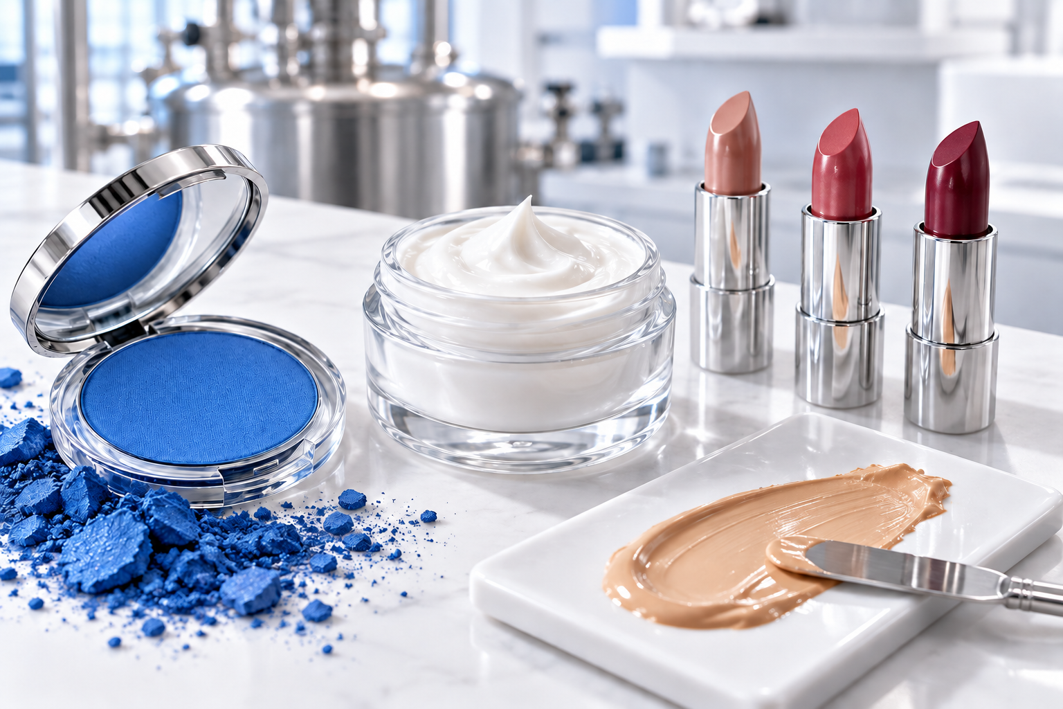 Illustrative color cosmetics and skincare formulation workbench with eyeshadow, cream, and lipsticks