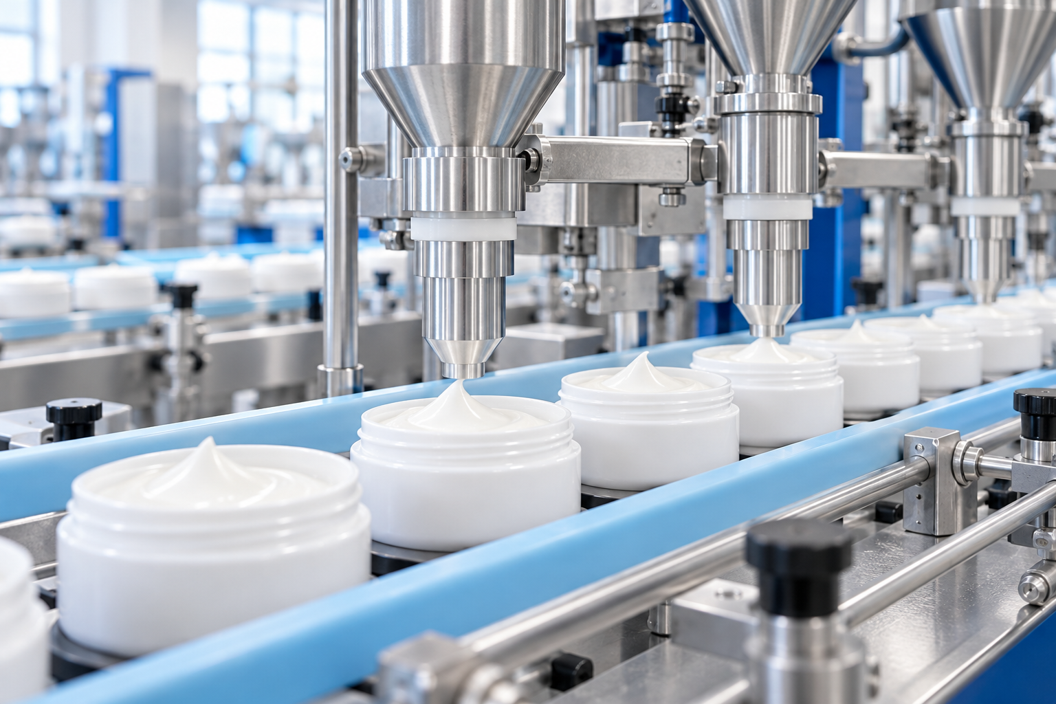 Illustrative cosmetic cream filling line, not an actual Bayport facility