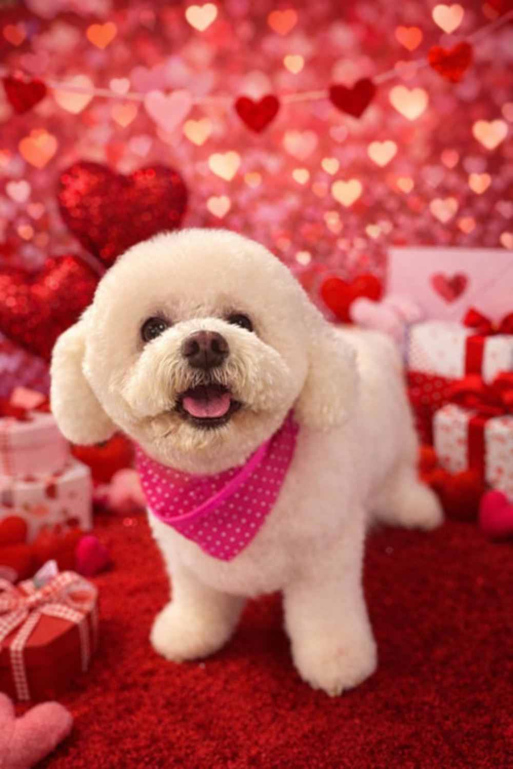 Freshly groomed white dog wearing a pink bandana after a Love Your Doggo grooming appointment