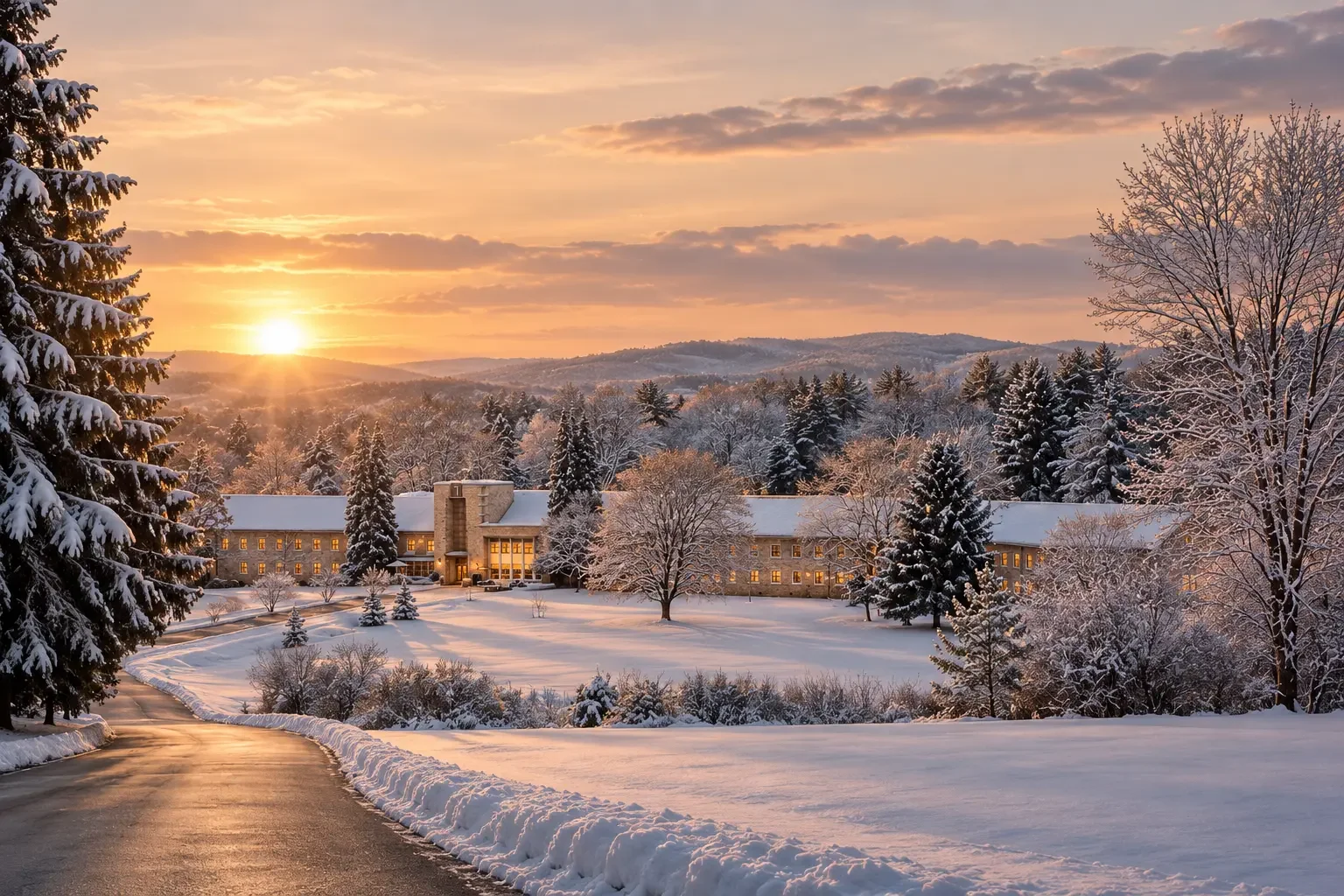 The Himalayan Institute surrounded by snow-covered mountains