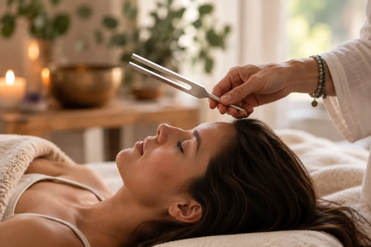 A guest receiving a personalized tuning fork session