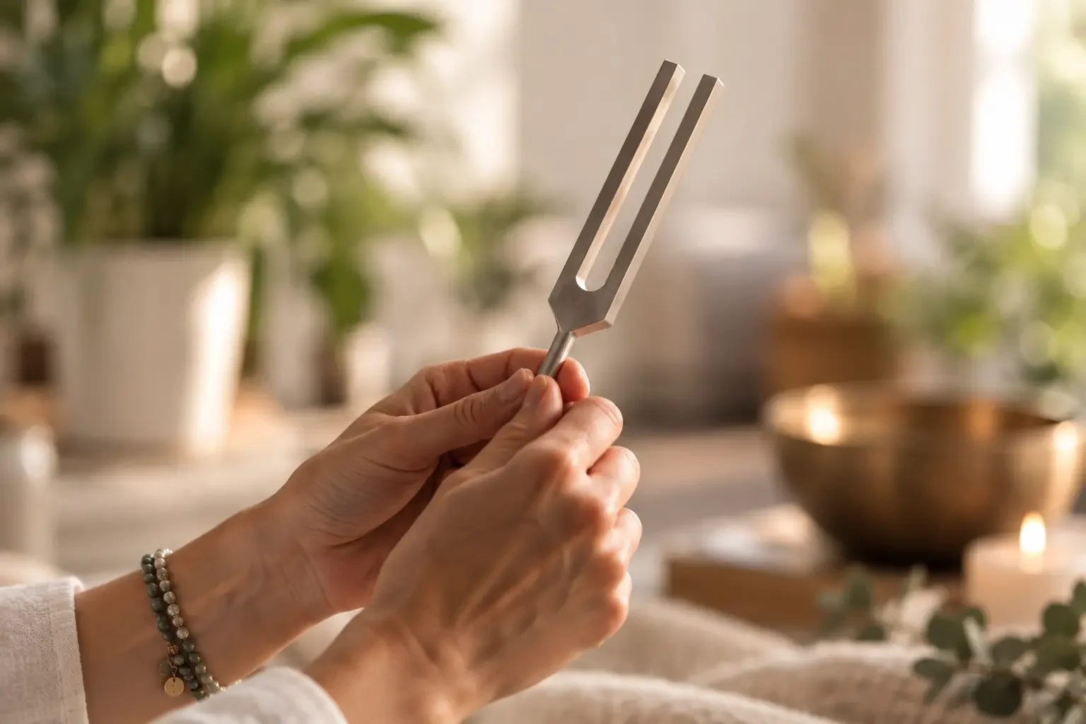 Hands holding a therapeutic tuning fork
