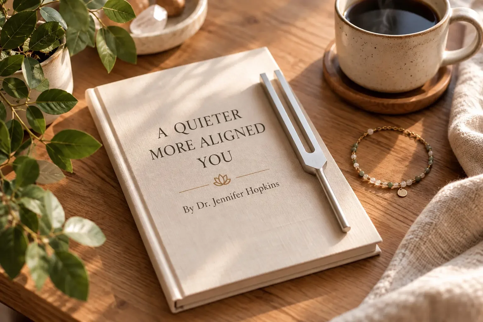 A journal, tuning fork, bracelet and warm beverage
