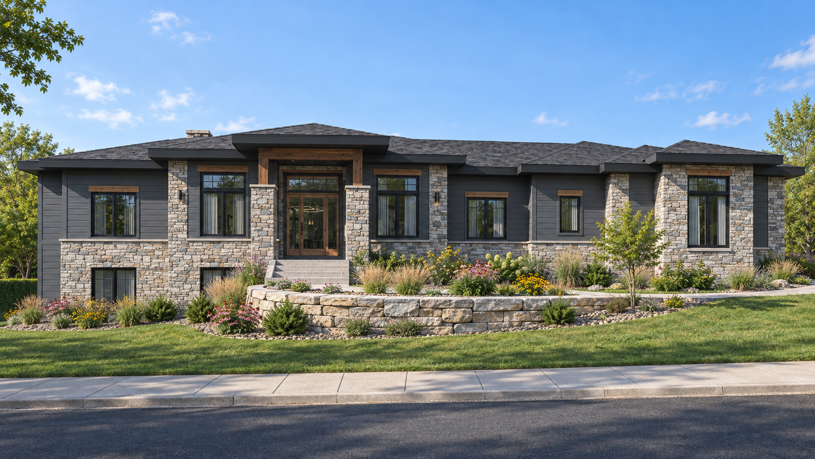 Architectural rendering of 1601 Schreiner Lane with broad rooflines, stone facade and a landscaped entrance