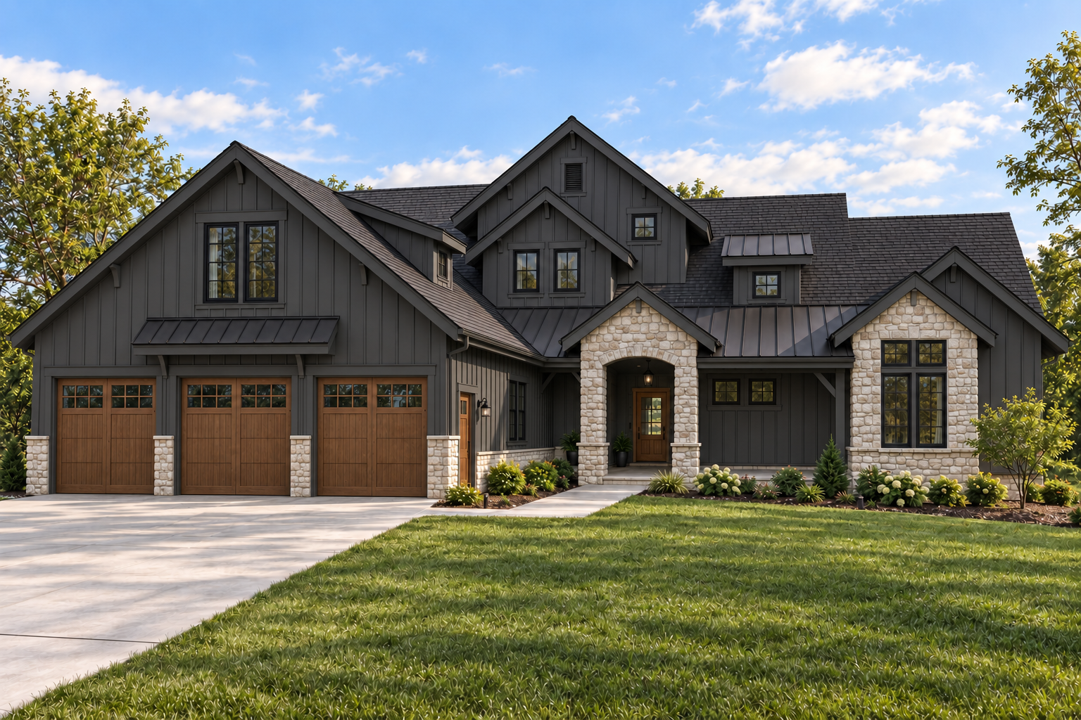 Freshford Model front architectural rendering with black siding, warm wood garage doors and stone accents