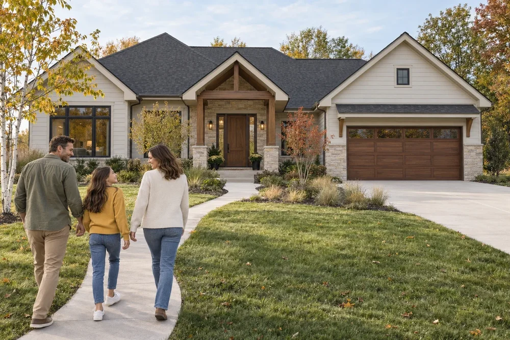 A smiling couple and their daughter walking toward a new home with limestone accents and a timber entry porch.