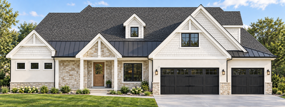 Meadow View Model front architectural rendering with white siding, pale stone, black garage doors and a covered entry